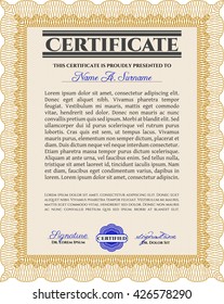 Orange Certificate template or diploma template. Vector pattern that is used in currency and diplomas.Beauty design. Complex background. 