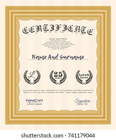 Orange Certificate template or diploma template. Vector illustration. Printer friendly. Money style design. 