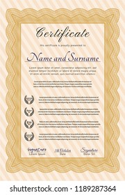 Orange Certificate template. Elegant design. Vector illustration. With complex linear background. 