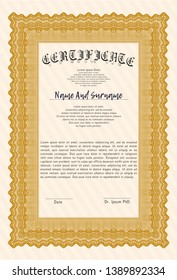 Orange Certificate template. Excellent design. With background. Vector illustration. 