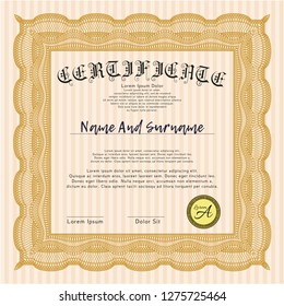 Orange Certificate template. Good design. With quality background. Vector illustration. 