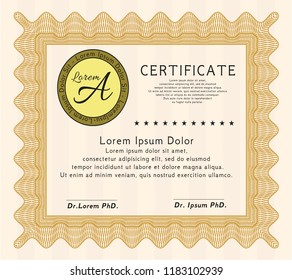 Orange Certificate template. With great quality guilloche pattern. Vector illustration. Cordial design. 