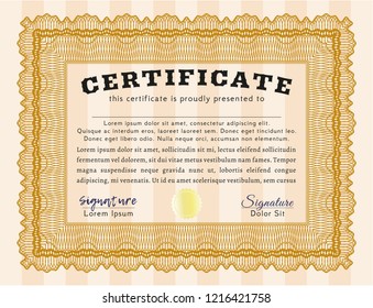 Orange Certificate template. With great quality guilloche pattern. Detailed. Good design. 