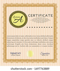 Orange Certificate template. With great quality guilloche pattern. Vector illustration. Lovely design. 