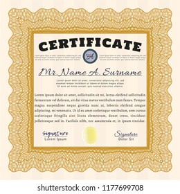 Orange Certificate template. With guilloche pattern and background. Detailed. Perfect design. 