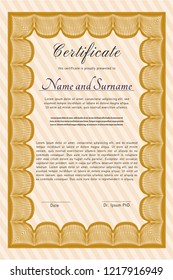 Orange Certificate template. With guilloche pattern and background. Vector illustration. Money style design. 