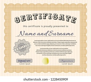 Orange Certificate template. With guilloche pattern. Vector illustration. Sophisticated design. 