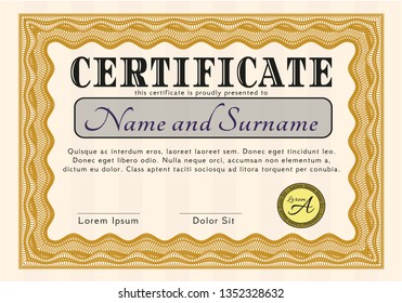 Orange Certificate template. With linear background. Vector illustration. Money Pattern. 