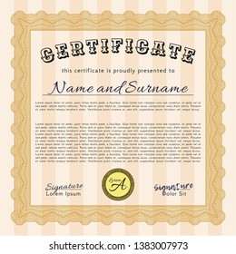 Orange Certificate template. With linear background. Retro design. Detailed. 