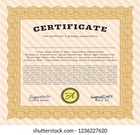 Orange Certificate template. Lovely design. Detailed. With complex linear background. 