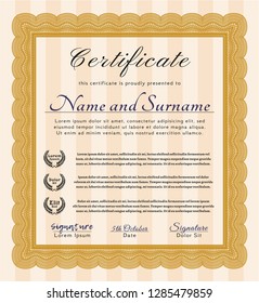 Orange Certificate template. Lovely design. Complex background. Vector illustration. 