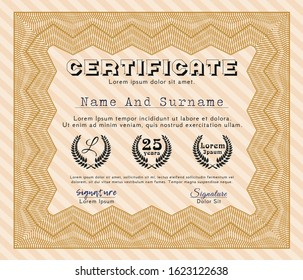 Orange Certificate template. Modern design. Vector illustration. With complex background. 