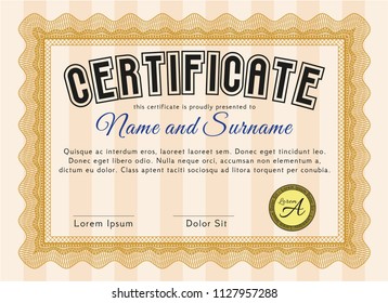 Orange Certificate template. Money Pattern design. Detailed. With guilloche pattern and background. 