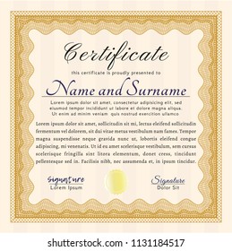 Orange Certificate template. Money Pattern. Vector illustration. With background. 