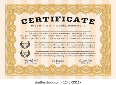 Orange Certificate template. Money Pattern. With great quality guilloche pattern. Detailed. 