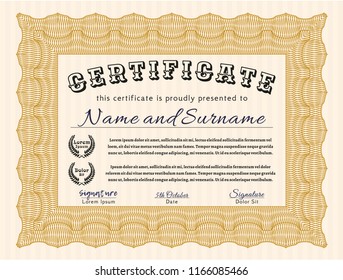 Orange Certificate template. Money Pattern design. With guilloche pattern. Vector illustration. 