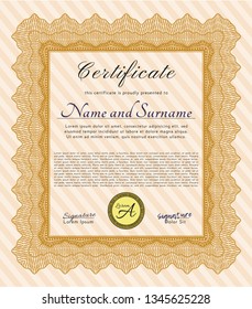 Orange Certificate template. Money Pattern design. With complex linear background. Vector illustration. 