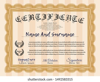 Orange Certificate template. Perfect design. Complex background. Detailed. 