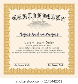 Orange Certificate template. Retro design. Detailed. With guilloche pattern and background. 
