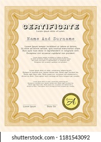 Orange Certificate template. Retro design. Complex background. Detailed. 