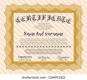 Orange Certificate template. Sophisticated design. Detailed. With linear background. 
