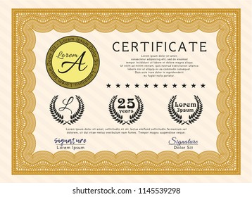 Orange Certificate template. Superior design. Detailed. With guilloche pattern. 