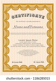 Orange Certificate template. Vector illustration. Easy to print. Money style design. 