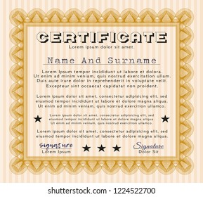 Orange Certificate template. Vector illustration. With complex linear background. Perfect design. 