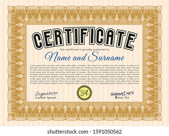 Orange Certificate template. Vector illustration. With complex background. Money style design. 