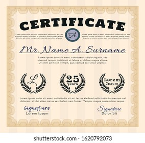 Orange Certificate template. Vector illustration. With guilloche pattern and background. Elegant design. 