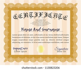 Orange Certificate. Vector illustration. With background. Money design. 