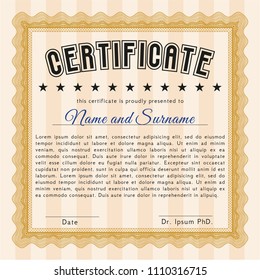  Orange Certificate. Vector illustration. With complex background. Money Pattern design. 