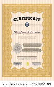 Orange Certificate. Vector illustration. Easy to print. Retro design. 