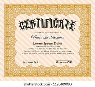 Orange Certificate. Vector illustration. With guilloche pattern. Retro design. 