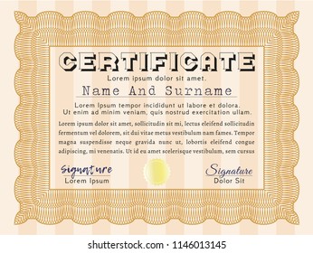 Orange Certificate. Vector illustration. With guilloche pattern and background. Modern design. 