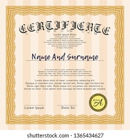 Orange Certificate. Vector illustration. With linear background. Lovely design. 