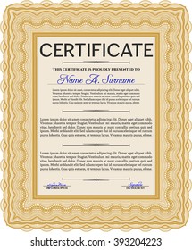 Orange Certificatem diplmoa or award template. Design template. Money style design. With guilloche pattern. 