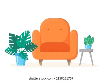Orange chair with home plants. Home interior with sofa, house plants in pots, table. Vector