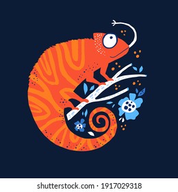 Orange chameleo hand drawn flat vector illustration. Funny bright iguana sitting on branch cartoon character. Cute chameleon isolated on dark blue background. Childish t shirt print design