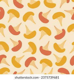 Orange chanterelle mushrooms hand drawn vector illustration. Cute autumn forest chanterelles seamless pattern for fabric or wallpaper.