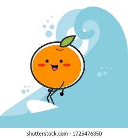 Orange character concept illustration. Surfing in the summer. Surfing at sea. Cute cartoon orange style. Illustration vector.