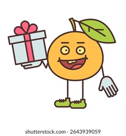 Orange character half turn holding gift box and smiling. Vector Illustration
