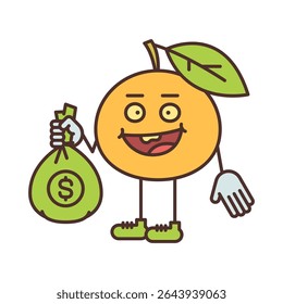 Orange character half turn holding bag with money and smiling. Vector Illustration
