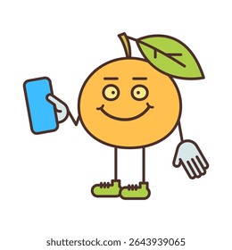 Orange character half turn holding smartphone and smiling. Vector Illustration