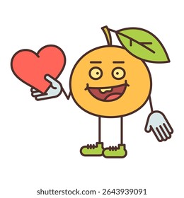 Orange character half turn holding heart and smiling. Vector Illustration