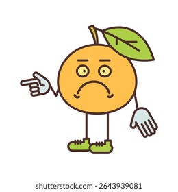 Caractere laranja meia volta aponta dedo e insatisfeito. Ilustração de vetor