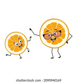 Orange character with happy emotions, face, smile, eyes, arms and legs. Citrus slice person with joyful expression, fruit emoticon. Grandmother with glasses and grandson dancing