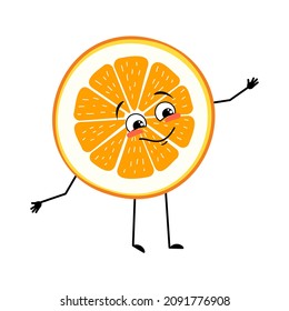 Orange character with happy emotions, face, smile, eyes, arms and legs. Citrus slice person with joyful expression, fruit emoticon