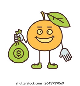 Orange character holding bag with money and smiling. Vector Illustration