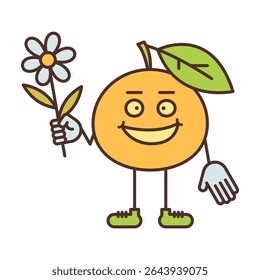 Orange character holding flower and smiling. Vector Illustration